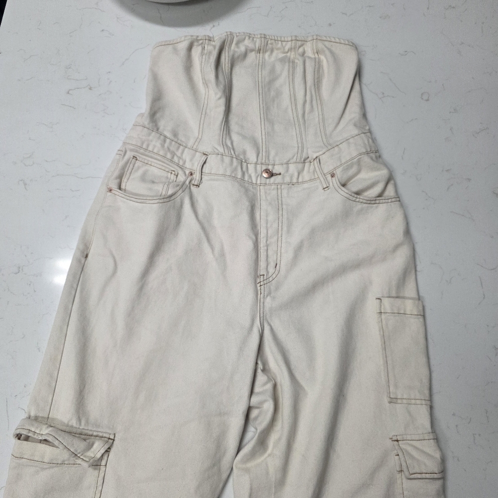 Women's Cream High-Waisted Denim Jumper/romper